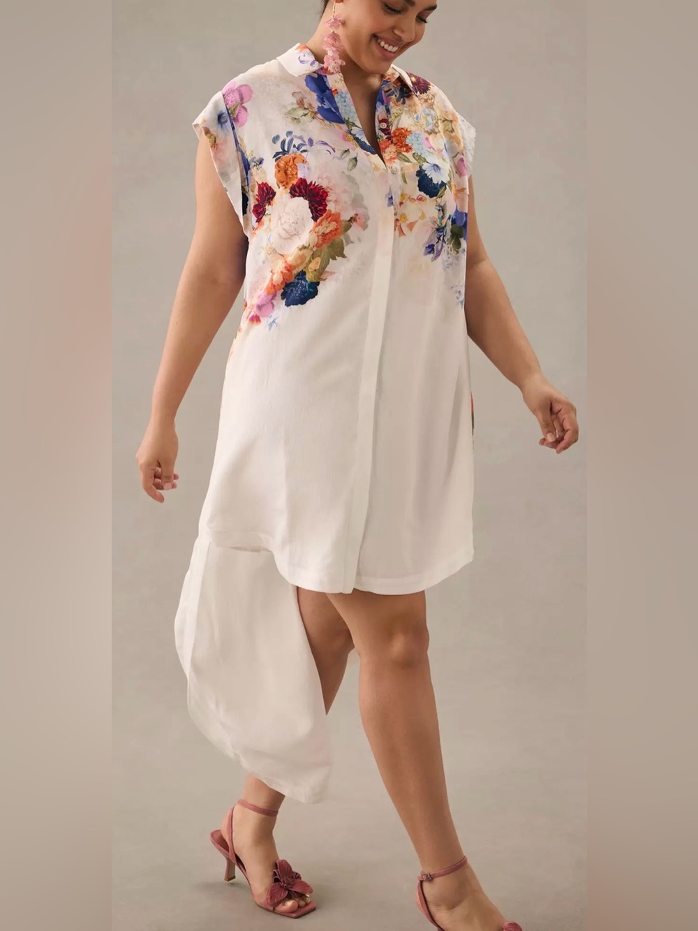 Maeve Anthropologie Floral High Low Shirt Dress White Multi Floral XL